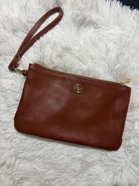 Adrienne Vittadini Brown Leather Wristlet Clutch with Gold Logo
